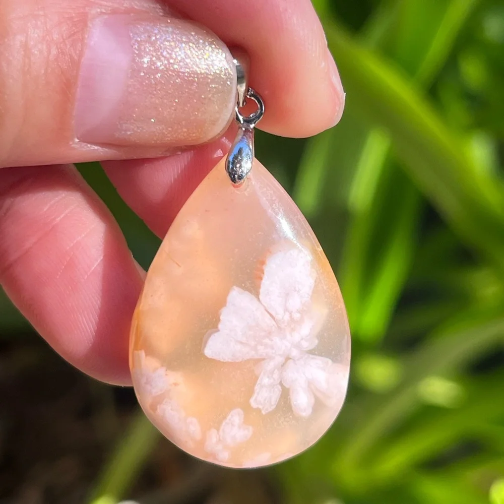 Sterling‎ silver pink butterfly patterm flower agate pendant 0966